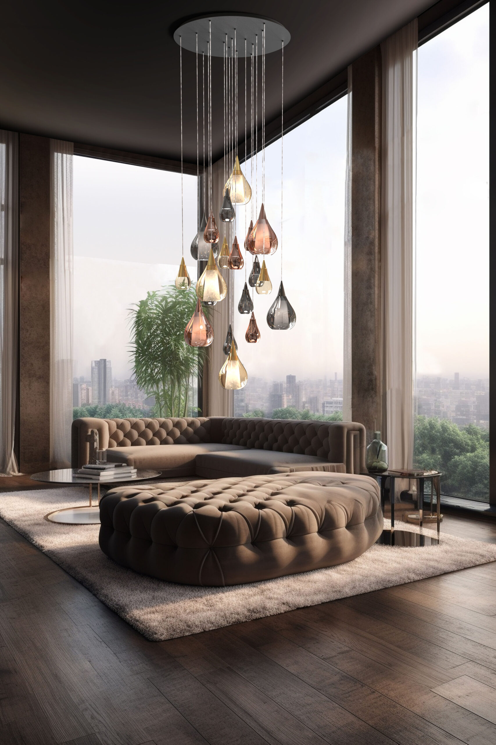 Spacious bright living room with panoramic windows. AI Generated
